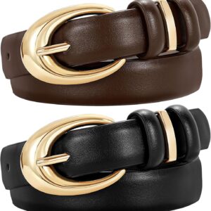 Women's Leather Belt 2 Pack Skinny Faux Leather Gold Buckle